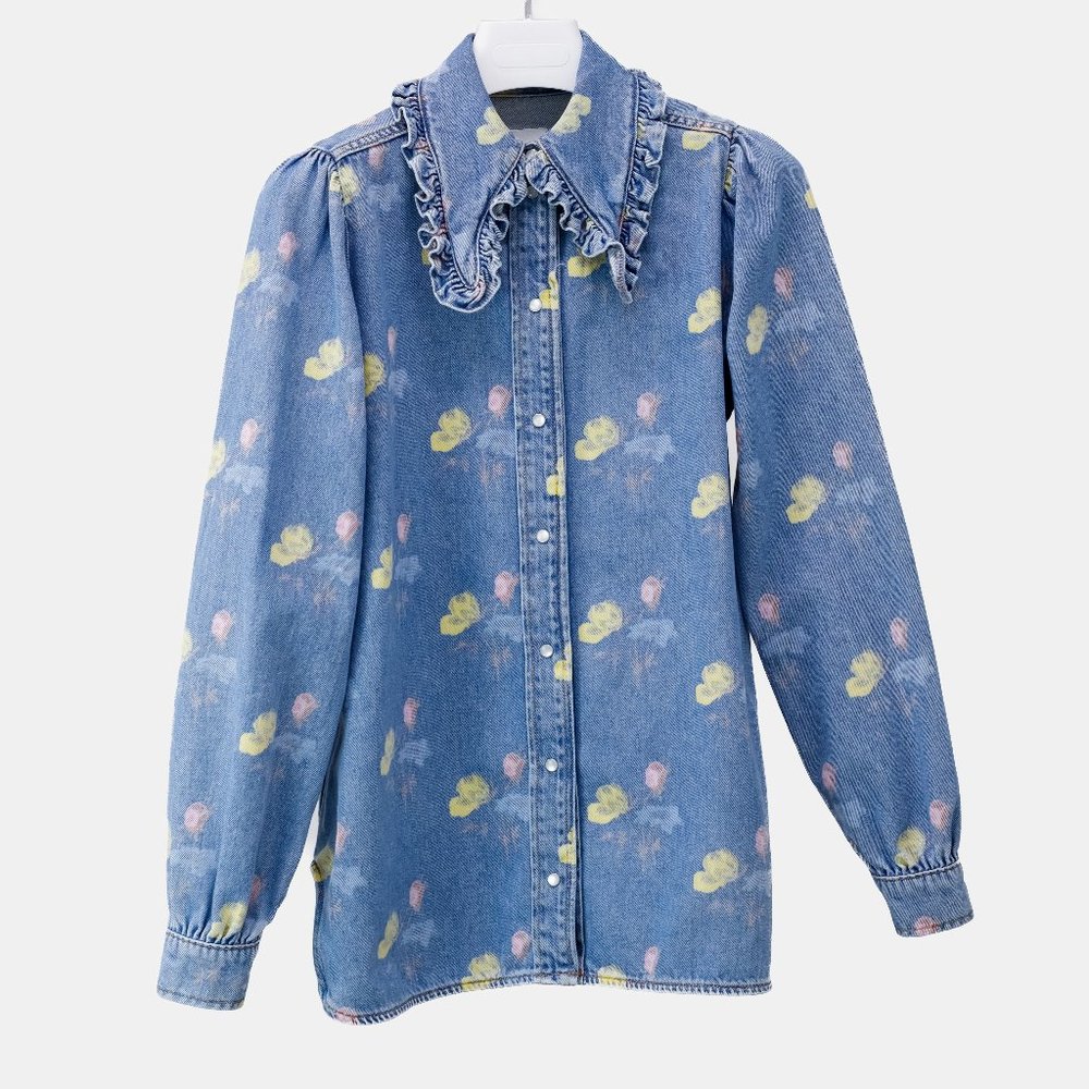 Ganni Denim Button-Down Shirt with Yellow & Pink Floral Motif
